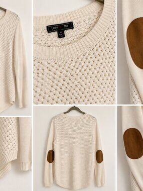 Lety & Me Ivory Textured Knit Sweater with Brown Elbow Patches – Medium